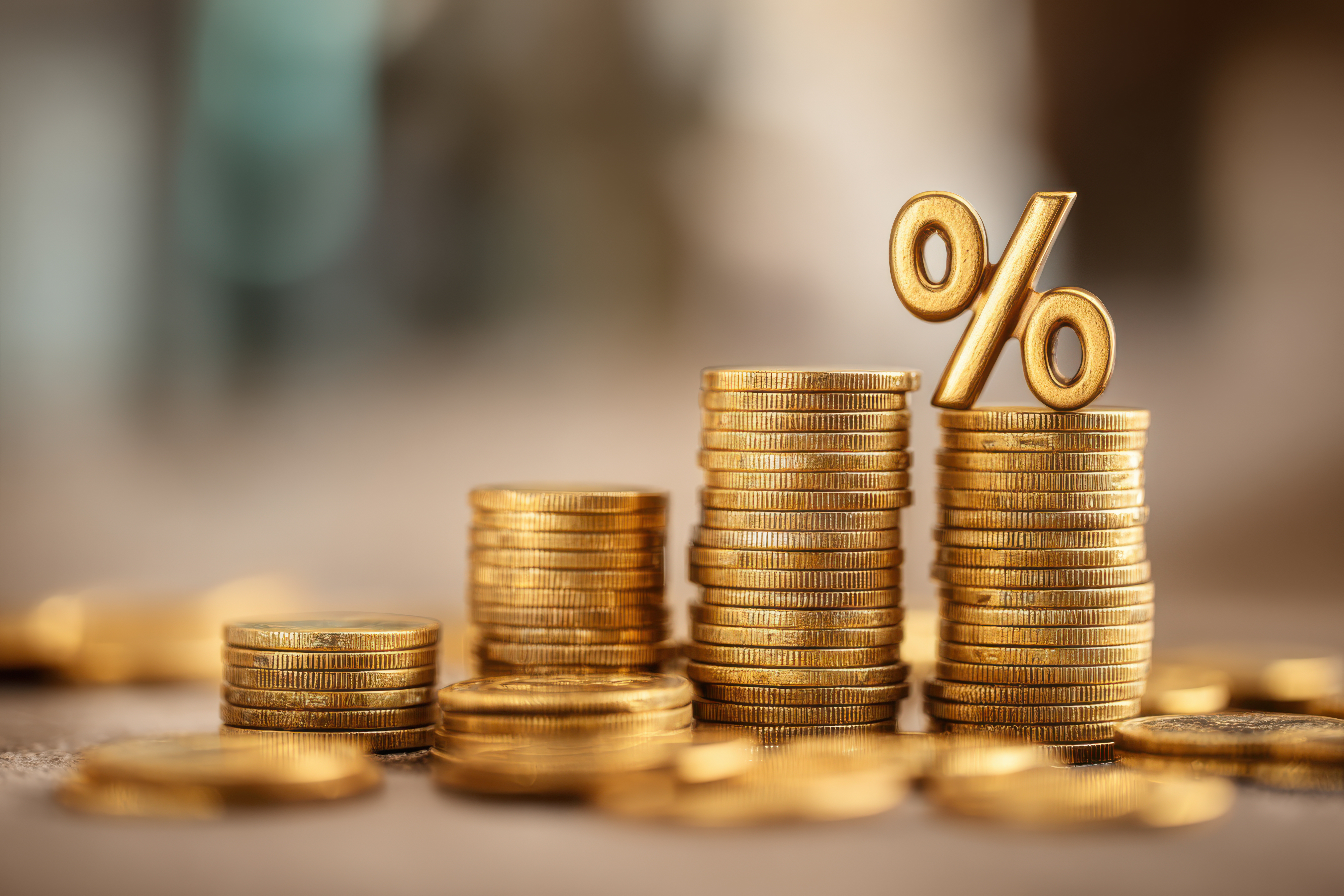 Increasing stacks of golden coins with percentage symbol showing interest rate growth