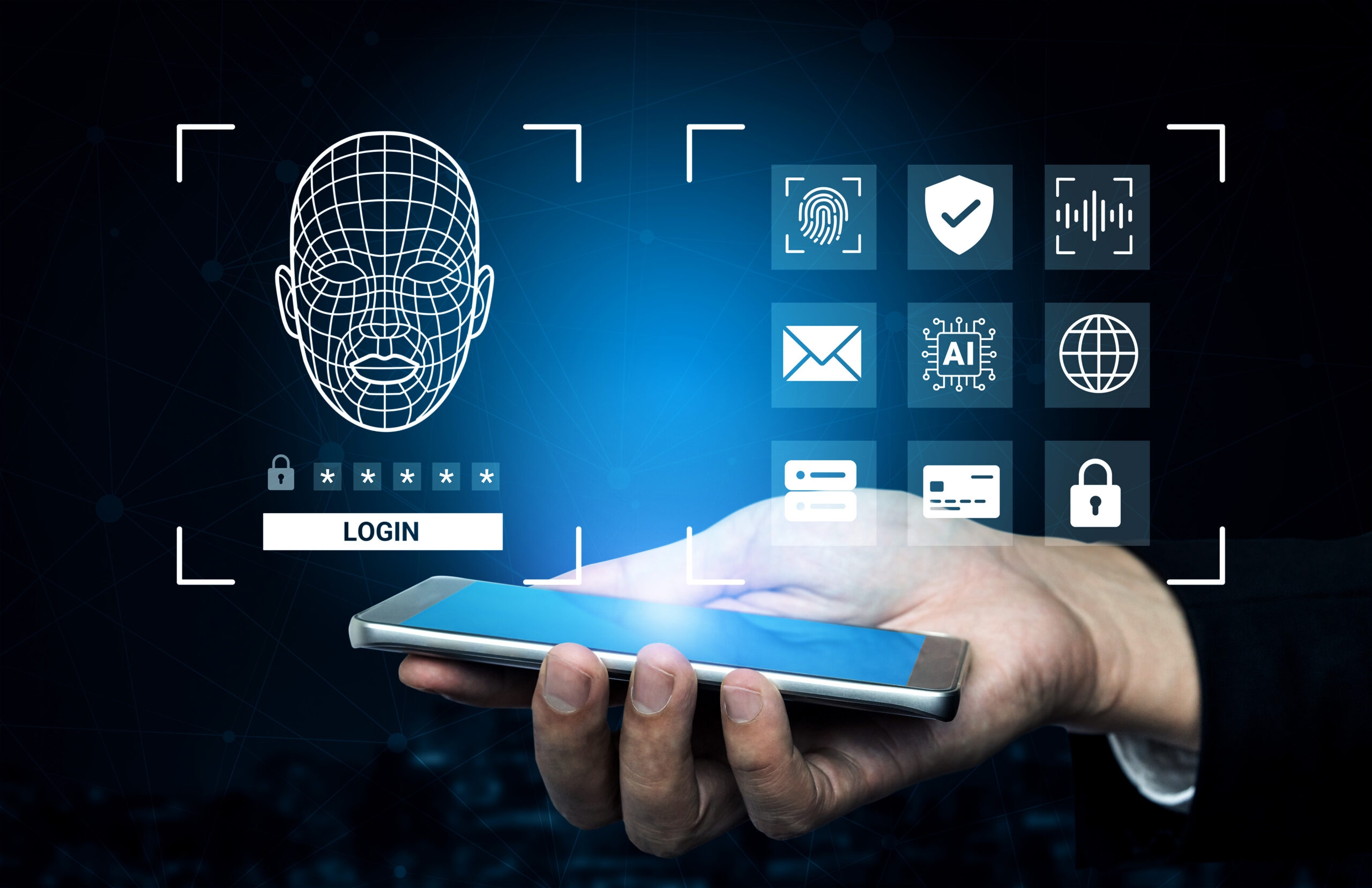 Advanced Facial Recognition Technology and Mobile Authentication Concept with Futuristic Digital Interface for Secure Access Login Ledger