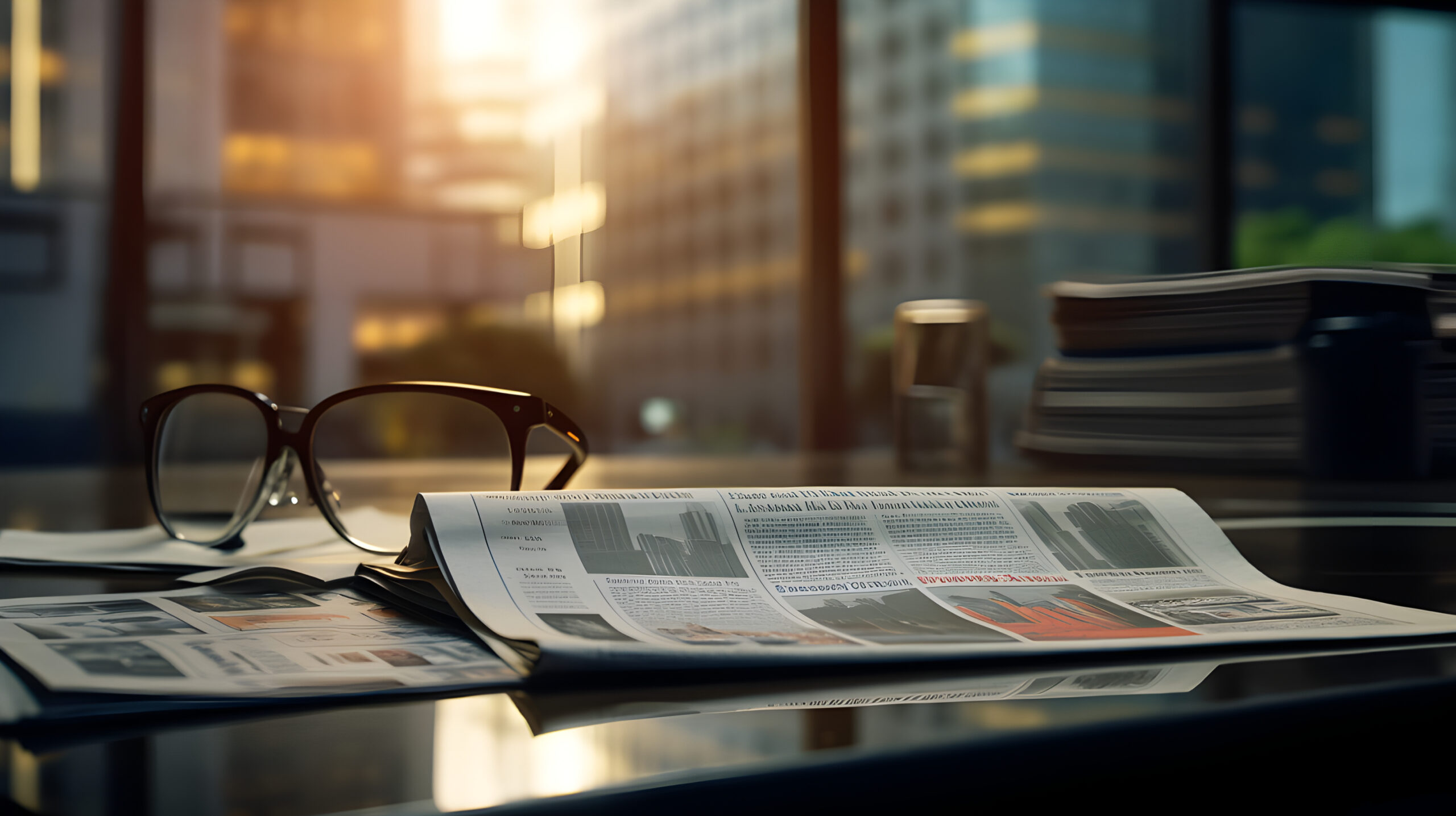 Newspaper with eyeglasses on office table